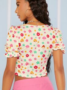 SHEIN Unity Floral & Mushroom Print Knot Front Tee - Multicolor - View 2