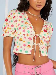 SHEIN Unity Floral & Mushroom Print Knot Front Tee - Multicolor - View 4