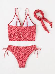 3 件装随机花卉印花比基尼套装和头巾夏日海滩 - 彩色 - 查看 5