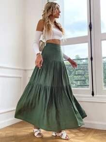 SHEIN VCAY Solid High Waist Ruffle Hem Skirt - Army Green - View 5
