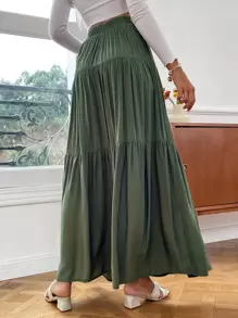 SHEIN VCAY Solid High Waist Ruffle Hem Skirt - Army Green - View 2