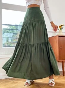 SHEIN VCAY Solid High Waist Ruffle Hem Skirt - Army Green - View 4