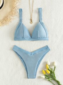 Rib Triangle High Cut Bikini Set Summer Beach - Baby Blue - View 1