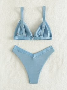 Rib Triangle High Cut Bikini Set Summer Beach - Baby Blue - View 2