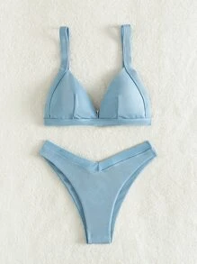Rib Triangle High Cut Bikini Set Summer Beach - Baby Blue - View 3