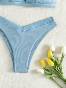 Rib Triangle High Cut Bikini Set Summer Beach - Baby Blue - View 4