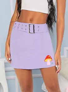 SHEIN EZwear Plant Print Skirt With Buckle Belt - Lilac Purple - View 1