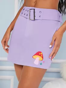 SHEIN EZwear Plant Print Skirt With Buckle Belt - Lilac Purple - View 3