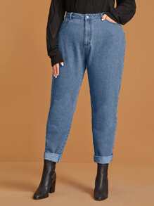 Plus Solid Rolled Hem Mom Jeans - Medium Wash - View 1