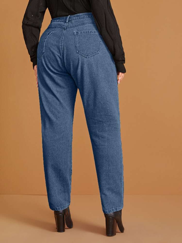 Plus Solid Rolled Hem Mom Jeans - Medium Wash - View 2