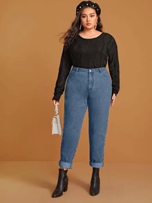 Plus Solid Rolled Hem Mom Jeans - Medium Wash - View 3