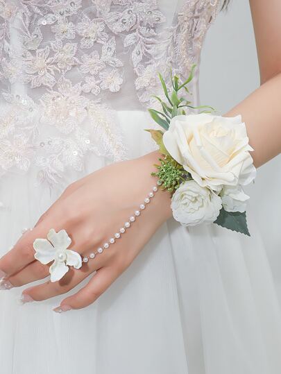 1pc Elegant Faux Pearl & Flower Decor Wrist Corsage For Wedding For Bride,For Outdoor Wedding Occasion,With White Dress