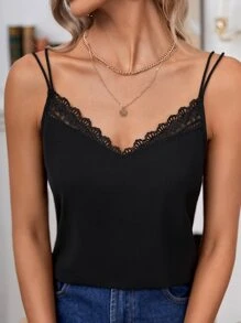 SHEIN Frenchy Contrast Lace Cami Top Summer Black - Black - View 1