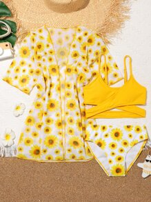 Tween Girl 3packs Random Sunflower Print Bikini Set With Kimono Summer Beach - Multicolor - View 1