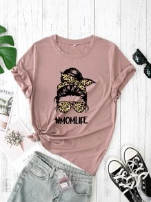 Breezaya Figure And Letter Graphic Tee Graphic Tees Women Tops - Dusty Pink - View 1