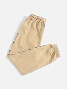 SHEIN 男孩格紋撞色滾邊腰部抽繩長褲 - 卡其色 - 查看 5