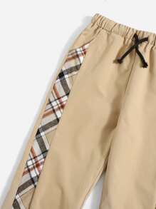 SHEIN 男孩格紋撞色滾邊腰部抽繩長褲 - 卡其色 - 查看 3