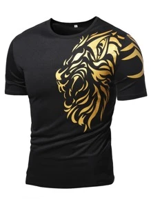 Manfinity Roughcore Men Abstract Animal Lion Print Short Sleeve Tee, Casual, For Going Out, For Husband - Black - View 1