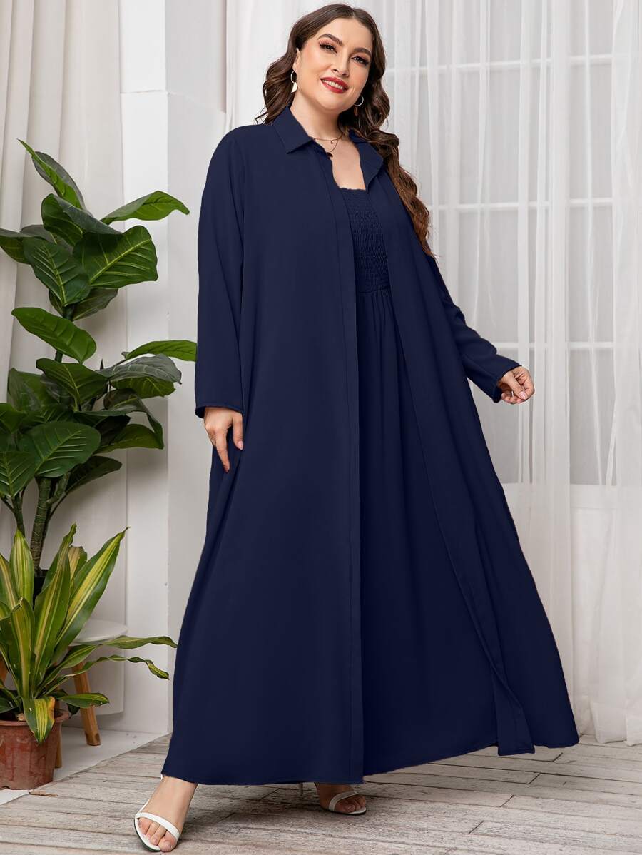 Mulvari 大碼素色開門襟外套和打褶長連衣裙 - 藏蓝色 - 查看 1