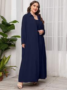 Mulvari 大碼素色開門襟外套和打褶長連衣裙 - 藏蓝色 - 查看 3