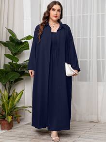 Mulvari 大碼素色開門襟外套和打褶長連衣裙 - 藏蓝色 - 查看 5