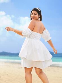 Plus Size Sequin Insert Butterfly Embroidered Off Shoulder Layered Hem Bustier Dress - White - View 2
