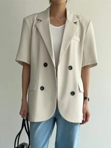 DAZY Lapel Neck Flap Detail Double Breasted Blazer Business Attire - Khaki - View 5