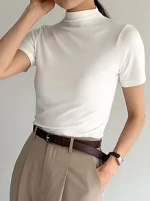 DAZY Solid Stand Collar Tee - White - View 6