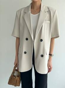 DAZY Lapel Neck Flap Detail Double Breasted Blazer Business Attire - Khaki - View 8