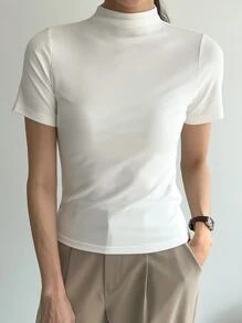 DAZY Solid Stand Collar Tee - White - View 7