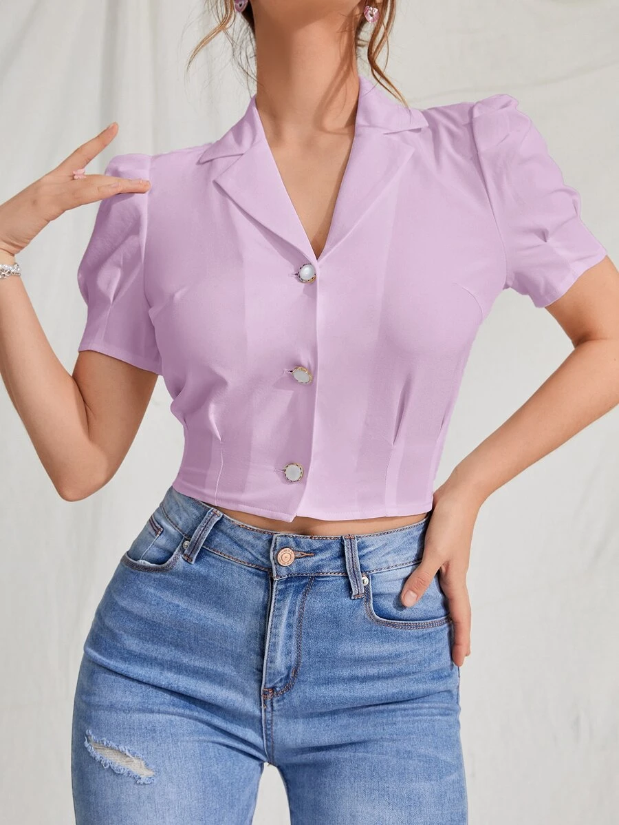 SHEIN MOD Lapel Collar Puff Sleeve Button Up Blouse - Lilac Purple - View 1