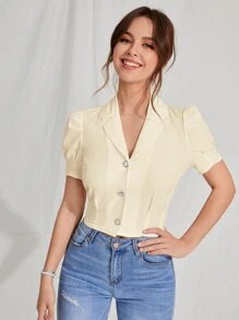 SHEIN MOD Áo sơ mi nữ Nút phía trước màu trơn Thanh lịch - Màu be - Xem 3