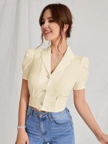 SHEIN MOD Áo sơ mi nữ Nút phía trước màu trơn Thanh lịch - Màu be - Xem 4