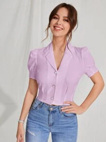 SHEIN MOD Lapel Collar Puff Sleeve Button Up Blouse - Lilac Purple - View 3