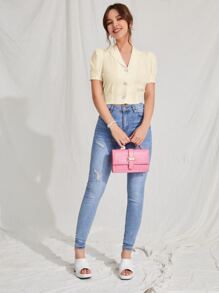 SHEIN MOD Áo sơ mi nữ Nút phía trước màu trơn Thanh lịch - Màu be - Xem 6
