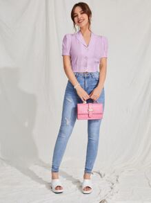 SHEIN MOD Lapel Collar Puff Sleeve Button Up Blouse - Lilac Purple - View 6