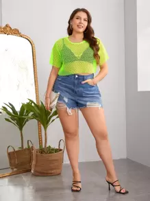 SHEIN Essnce Plus Neon Lime Fishnet Mesh Crop Top Without Bra