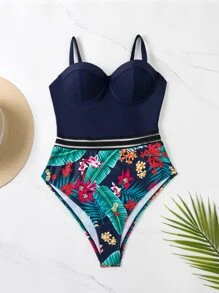 Bañador una pieza push up al azar con estampado tropical de malla en contraste - Multicolor - Ver 3