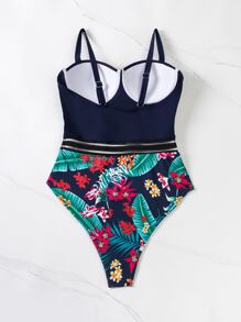 Bañador una pieza push up al azar con estampado tropical de malla en contraste - Multicolor - Ver 4
