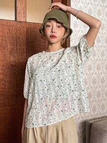 DAZY 小碎花後綁帶襯衫 - 白色 - 查看 3