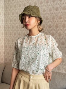 DAZY 小碎花後綁帶襯衫 - 白色 - 查看 6