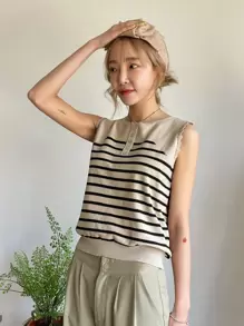 DAZY Top de punto de rayas con botón delantero - Multicolor - Ver 1