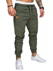 Manfinity Homme Hombres Pantalones con diseño de parche de cintura con cordón - Verde militar - Ver 1