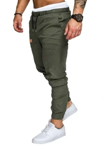 Manfinity Homme Hombres Pantalones con diseño de parche de cintura con cordón - Verde militar - Ver 3