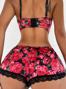 Floral Lace Satin Underwire Lingerie Set - Red - View 2