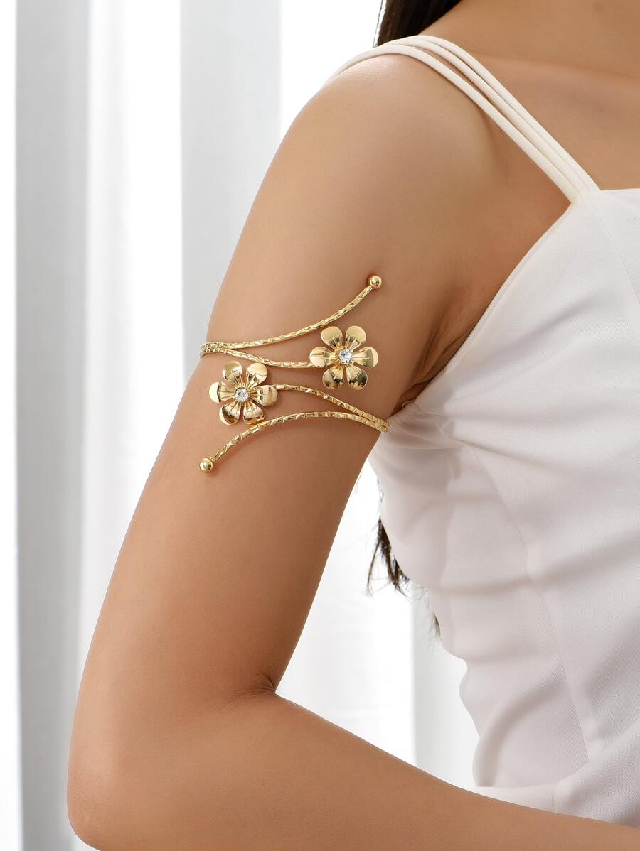 Rhinestone & Flower Decor Arm Cuff - Yellow Gold - View 1