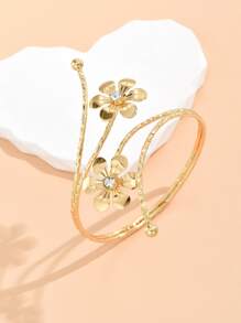 Rhinestone & Flower Decor Arm Cuff - Yellow Gold - View 5