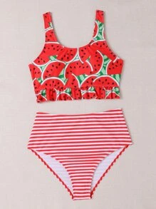 SHEIN Swim Bộ Bikini Dưa Hấu & Sọc In Hình Ren Viền Áo Ngực Không Dây & Cao Cấp Bikini 2 Mảnh Bikini Đi Biển Mùa Hè - Nhiều màu - Xem 3