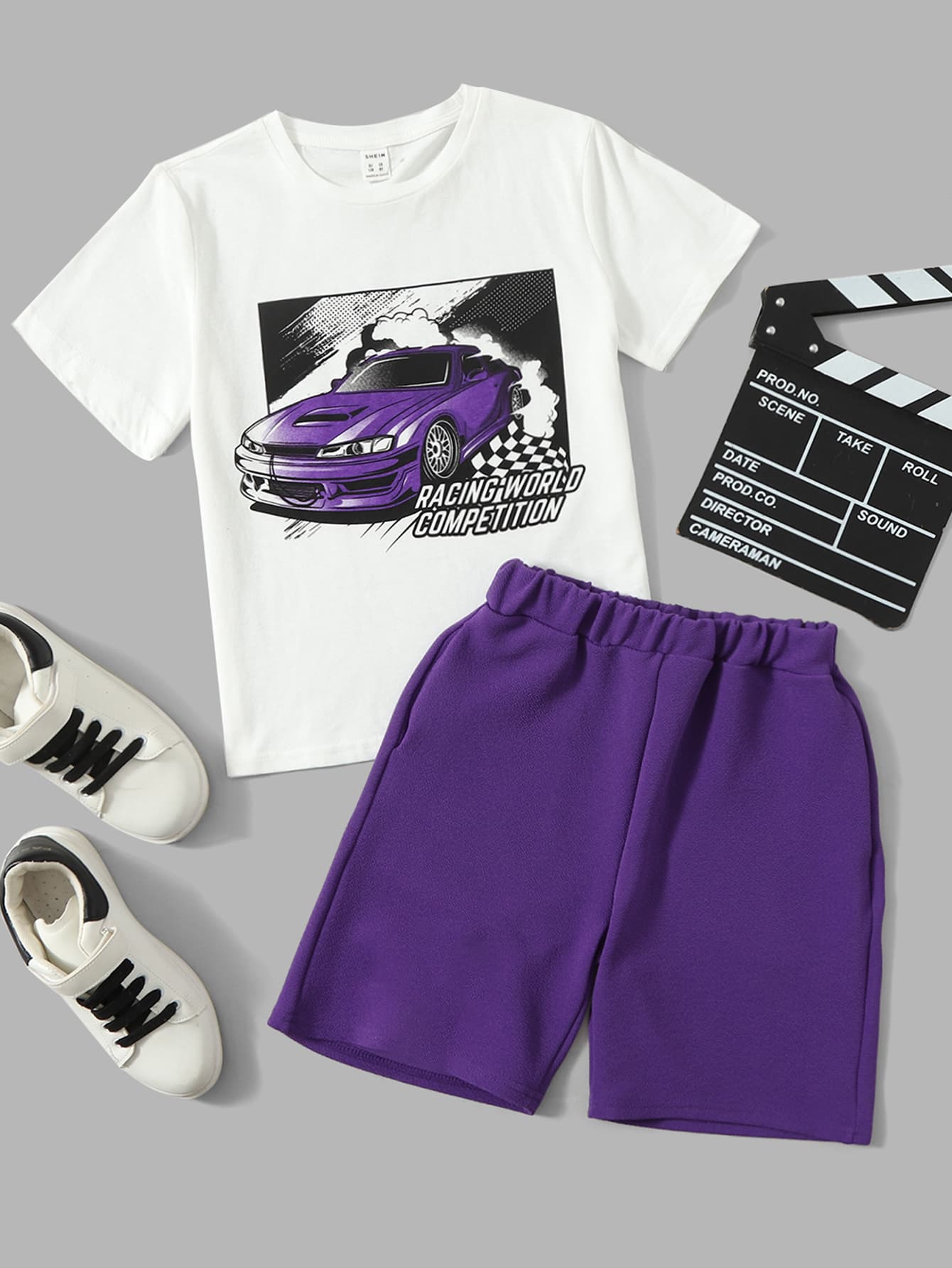 SHEIN Tween Boy Car & Letter Graphic Tee & Track Shorts - Multicolor - View 1