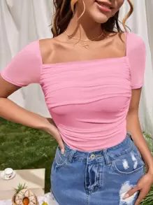 SHEIN Privé Square Neck Ruched Mesh Top - Pink - View 1